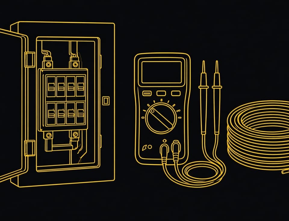 Line drawing of an open breaker panel, a multimeter, and a coil of wire
