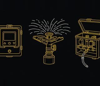 Line drawing of a sprinkler controller, a sprinkler head, and a valve box with drip line