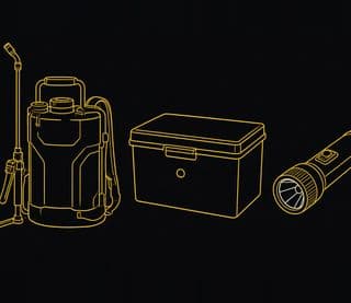Line drawing of a backpack sprayer, a bait station, and a flashlight