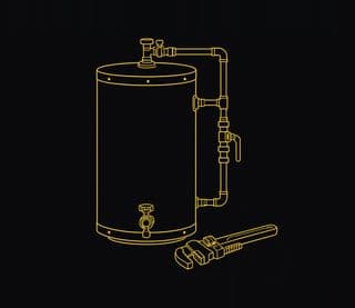 Line drawing of a water heater, copper pipe with a shutoff valve, and a pipe wrench