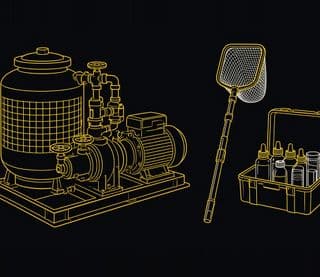 Line drawing of a pool pump and filter, a skimmer net, and a water test kit