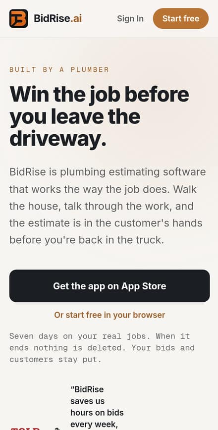 BidRise website on a phone screen
