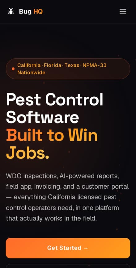 Bug HQ website on a phone screen