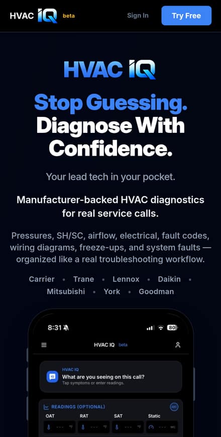 HVAC IQ website on a phone screen