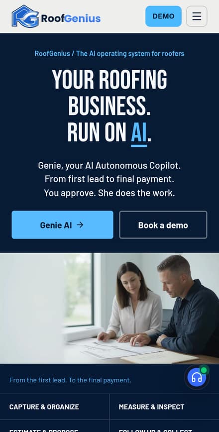 RoofGenius website on a phone screen