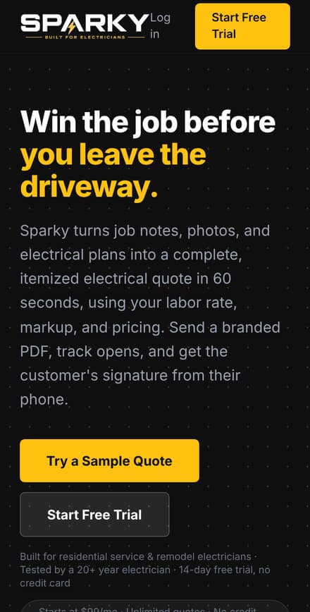 Sparky website on a phone screen