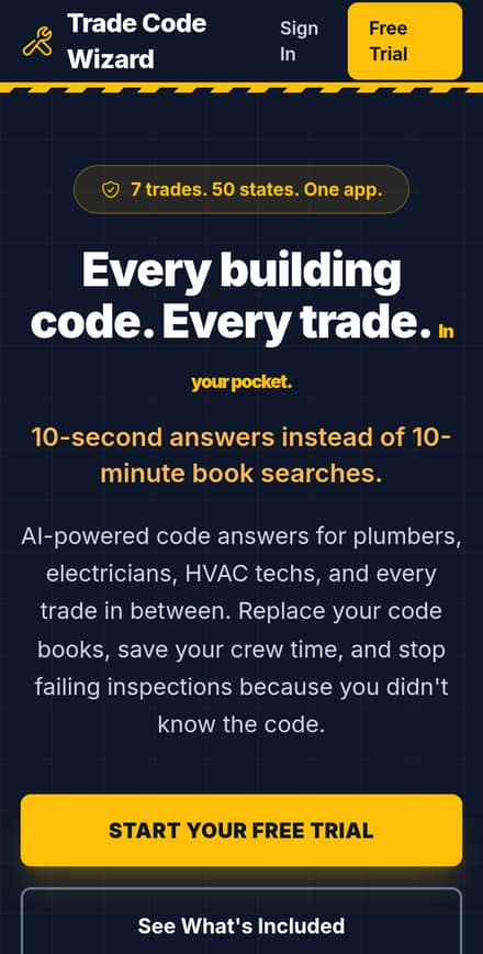 Trade Code Wizard website on a phone screen